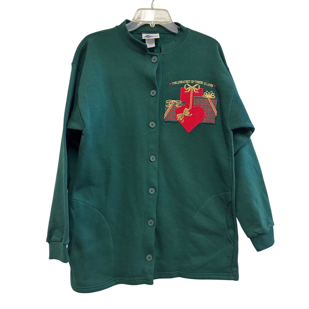 Vintage Pleasant Shade Green Christmas Cardigan Sweatshirt Womens Large USA Made